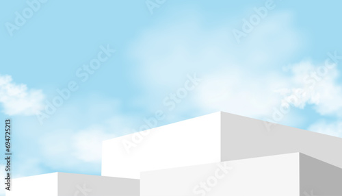 White Podium Step on Sky Blue and Cloud Background,Platform 3d Mockup Display Step for Summer Cosmetic Product Presentation for Sale,Promotion,Web online,Scene Nature Spring Sky with Building wall