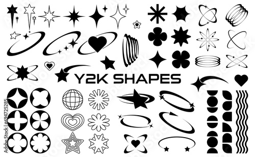 Set of abstract retro futuristic Y2K elements and shapes isolated on a white background. Y2K geometric shapes  forms  symbols for template  poster  banner  web  stickers.  