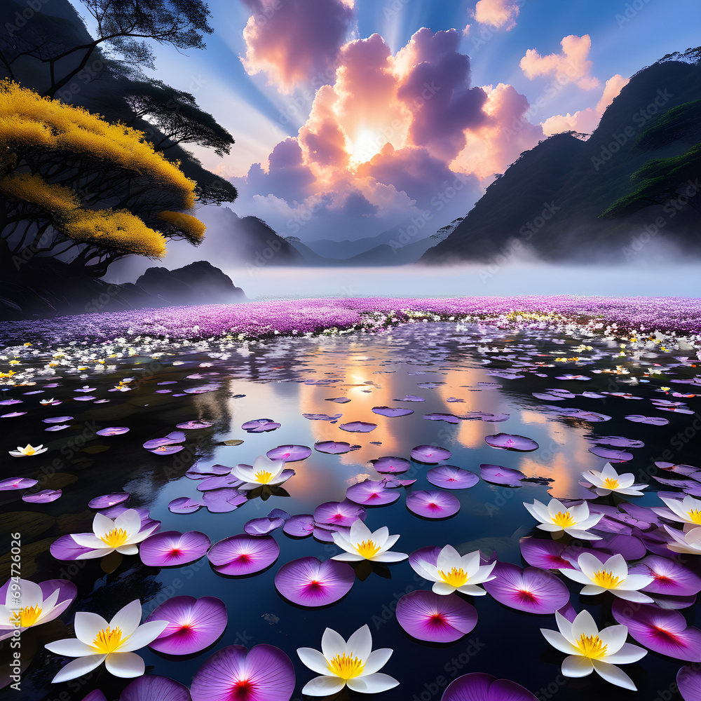 Sacred darkness, soft light, dense spiritual energy, and vibrant fallen flowers surround Shi Hao in a timeless moment of immortality.(Generative AI) - obrazy, fototapety, plakaty 