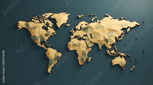 3D World map. Paper art Earth map shapes with shadow. Flat style illustration