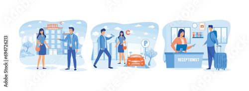 Isolated hotel services set, Hotel valet parking worker gets keys from client's car, Hotel reception workers provide information to people arriving. Hotel service set flat vector modern illustration