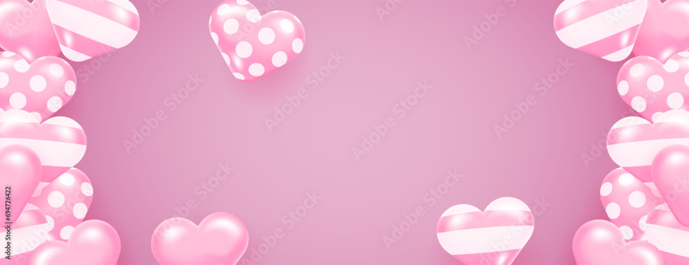 3d heart banner background in pink and white color
