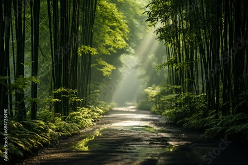Dense bamboo forest with sunlight filtering through  Generative AI 