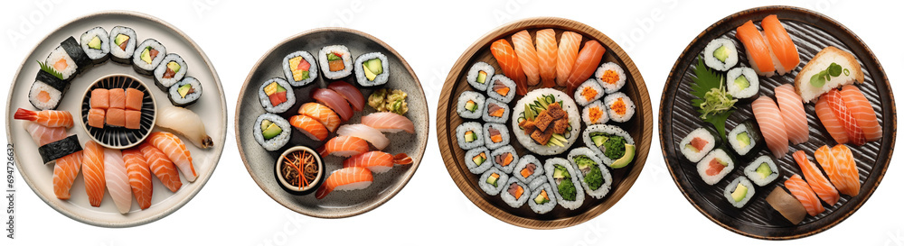top view of plates filled with Sushi top view of plates filled with Sushi
