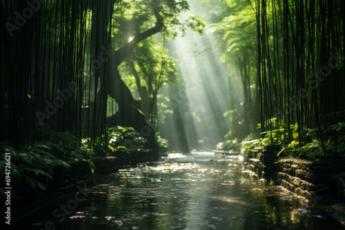 Dense bamboo forest with sunlight filtering through, Generative AI 