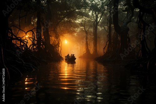 Dense mangrove forest with silhouettes reflecting in the water, Generative AI