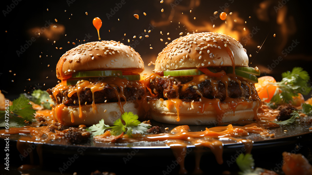 Burger cheeseburger explosion concept flying tomato sauce. Hamburger