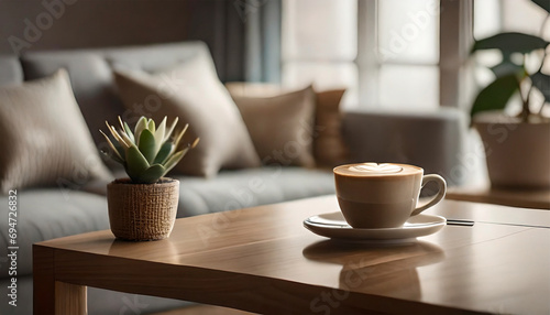 A coffee mug placed on a wooden table beside a sofa and a potted plant resting on the surface photo