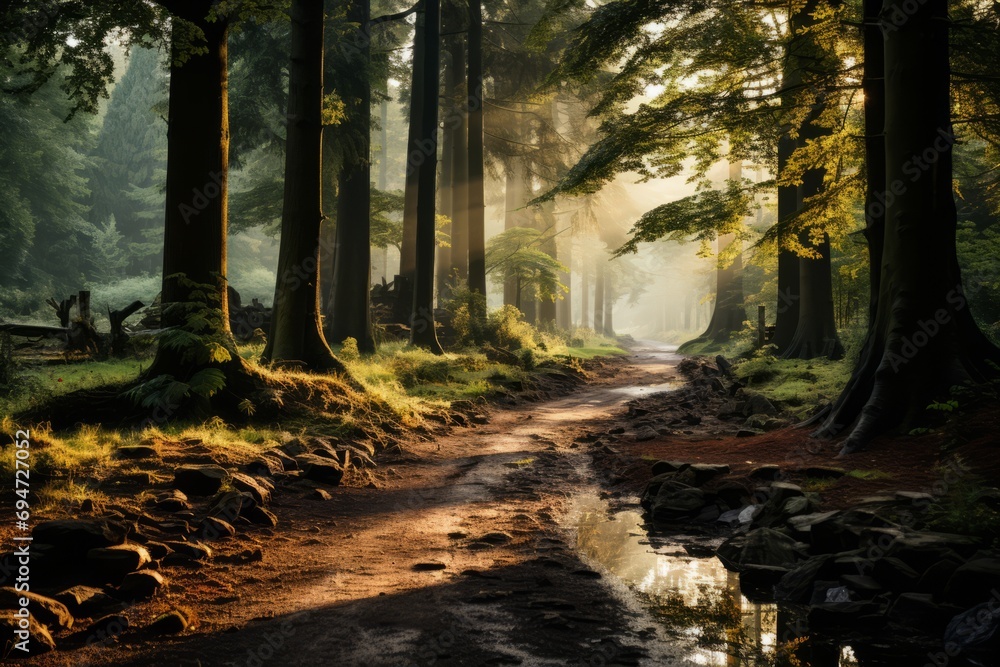 Obraz premium Magical forest glade with ancient tree silhouettes, Generative AI