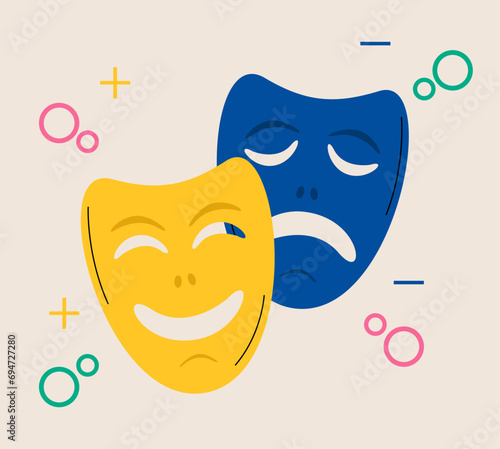 Theater masks. Comic and tragic mask icons. Happy and unhappy traditional symbol of theater. Colorful vector illustration