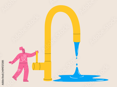 Save water concept. Woman closes a water tap. Colorful vector illustration photo