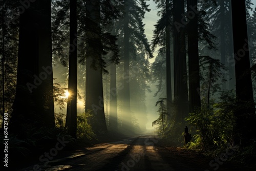 Mystical forest with towering redwood trees in silhouette  Generative AI