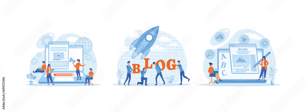 Content management, Blogging Media Development, Online Promotion and Entertainment, The concept of creating blog articles with human characters. Blog Creation set flat vector modern illustration - obrazy, fototapety, plakaty 