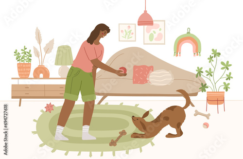 happy girl pet owner with dog in cozy interior of living room. Pet sitter and friendly pet service concept. People playing with animal friends at home. Colored flat hand drawn vector illustration.
