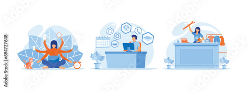 position and doing many tasks at the same time, multitasking skills sitting at his laptop with office freelance worker, who manages the balance between family life. Multitasking Work set flat vector m