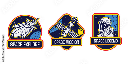 Set of isolated astronaut chevron or spaceman suit patches. Icons for cosmos or universe exploration, planet colonization with satellite and rocket, planet rover. Space and shuttle