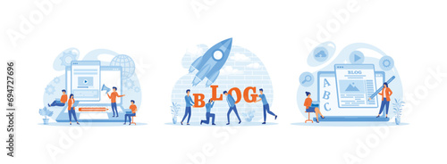 Content management, Blogging Media Development, Online Promotion and Entertainment, The concept of creating blog articles with human characters. Blog Creation set flat vector modern illustration