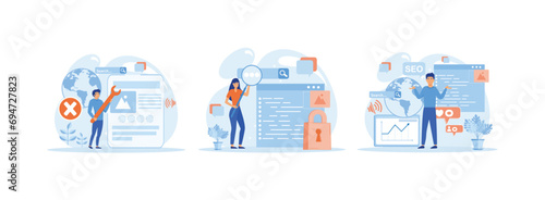 Search engine optimization ideas for blog promotion, Web page advertising on the internet, site audit. Blog Promotion set flat vector modern illustration