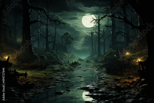 Shadowy forest with a winding river under the moonlight, Generative AI