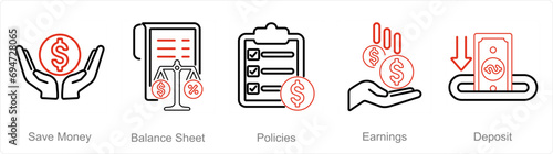 A set of 5 accounting icons as save money, balance sheet, policies