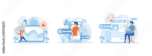 Title creation, naming tips, Social media posts share active coercion, Digital advertising, social media marketing. Blog Promotion set flat vector modern illustration