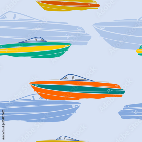 Editable Various Colors Side View American Bowrider Boats on Water Vector Illustration as Seamless Pattern for Creating Background of Transportation or Recreation Related Design