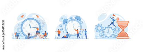 Time management, control, concept of work time management, quick reaction awakening, Businessman run along gear in form of clock. The Management set flat vector modern illustration
