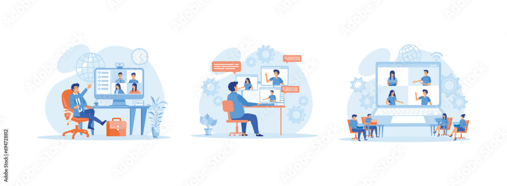 Worker using computer for collective virtual meeting and group video conference, Laptop for Video Meeting with Colleagues and Friends, Online business conferences. Conference meeting set flat vector m