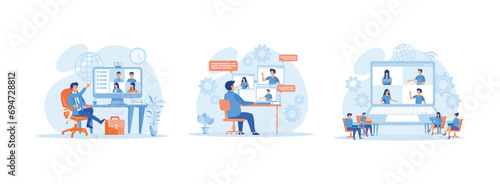 Worker using computer for collective virtual meeting and group video conference, Laptop for Video Meeting with Colleagues and Friends, Online business conferences. Conference meeting set flat vector m