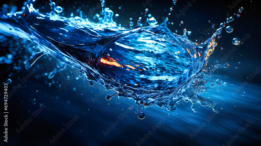 Dynamic Splash of Crystal Clear Water with Sparkling Droplets in a Deep Blue Abyss