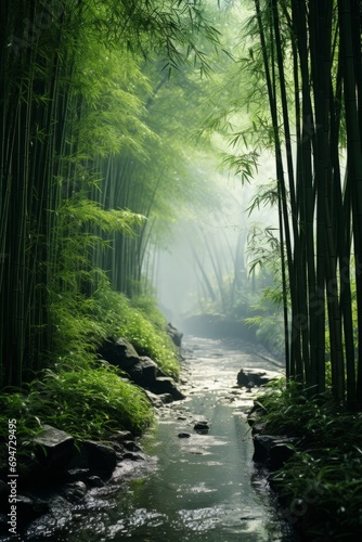 Dense bamboo forest with sunlight filtering through, Generative AI © Shooting Star Std