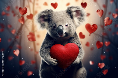 koala hug red heart photo