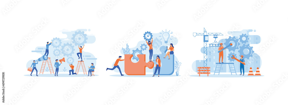 Team of businessmen working with gears or industrial, Group of young business people working together with puzzle as a symbol of collaborating, Pairs of workers turn the gears of the teamwork process. - obrazy, fototapety, plakaty 