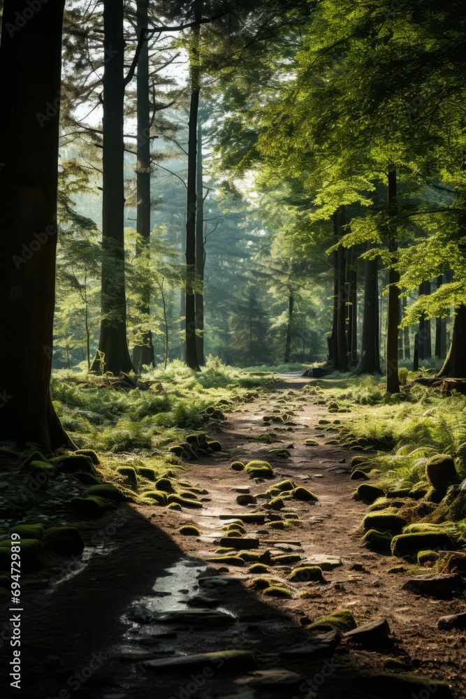 Fototapeta premium Forest clearing with dappled sunlight and tree silhouettes, Generative AI