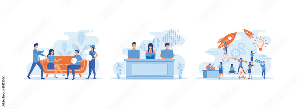 People organize abstract geometric shapes scattered around them, collaborating with partners, solving problems, thinking about creative idea. Team Work 3 set flat vector modern illustration