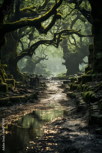 Magical forest glade with ancient tree silhouettes, Generative A