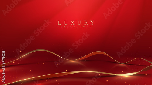 Red luxury background with gold ribbon elements and spotlight effect with glitter light decorations with bokeh.