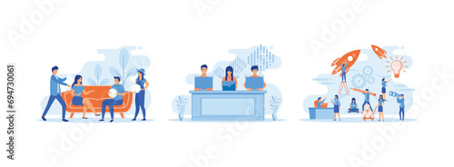 People organize abstract geometric shapes scattered around them, collaborating with partners, solving problems, thinking about creative idea. Team Work 3 set flat vector modern illustration