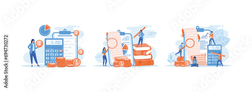 Economic audit, financial analysis, tax accounting, bill payment, Accounting and Bookkeeping, Clip Board Filling Bookkeeping Graphs and Charts Counting Debit and Credit. Accounting set flat vector 