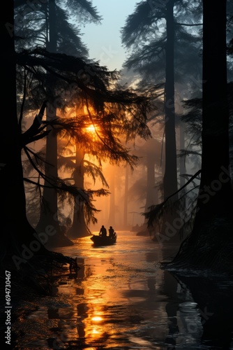 Misty swamp with cypress trees in silhouette, Generative AI © Shooting Star Std
