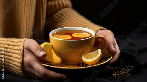 woman hands close-up holding fresh cup of warm tea with lemon