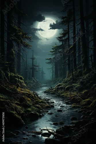 Shadowy forest with a winding river under the moonlight, Generative AI © Shooting Star Std