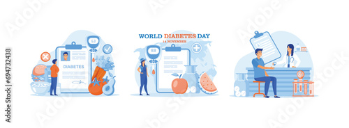 Glucometer for sugar level blood test with diet and unhealthy food, Medicine diabetes concept, Doctor giving consultation for blood state control. Diabetes Level set flat vector modern illustration