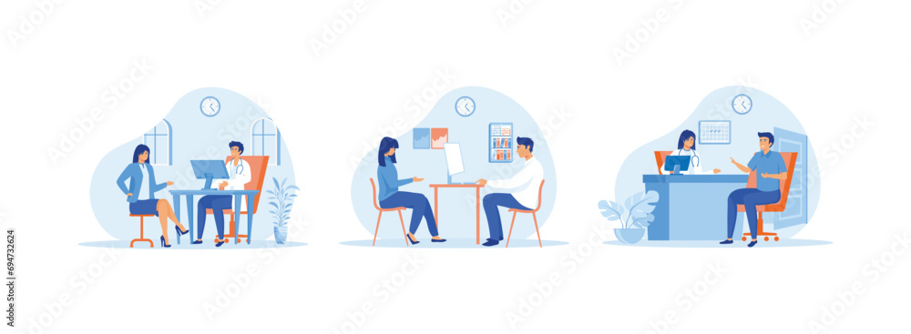Interior of consultation room with doctor and patient, Doctor consultation Visit Modern clinic, Patient Consults Symptoms of Disease with a Therapist Doctor in Hospital. 