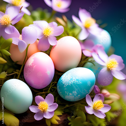 Easter eggs in pastel colors and wildflowers in the background