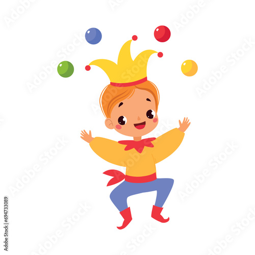 Boy Jester in Hat Juggling Balls as Fairy Tale Character Vector Illustration