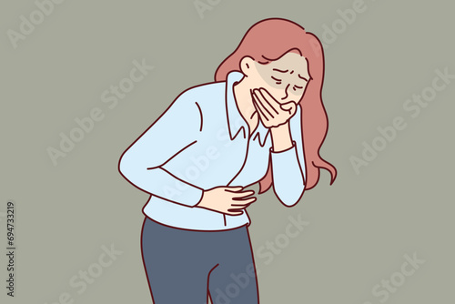 Woman suffers from nausea and covers mouth with hand after poisoning or alcohol intoxication causing vomiting. Girl feels nausea caused by intestinal disorder that negatively affects health.