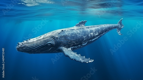 Baby Humpback Whale in Blue Water. A Baby Humpback Whale Plays Near the Surface. generative ai © Witri