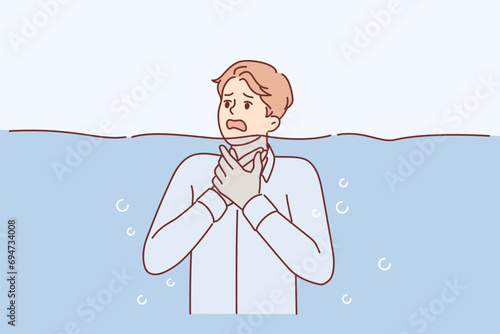 Drowning man in business clothes suffocating and needs help, for concept bankruptcy or job loss. Office employee became victim bankruptcy and staff reduction company due to crisis in labor market.