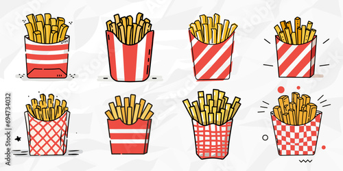 Lineart-Illustrationen von Pommes in rot-weißen Tüten | Grafikbündel